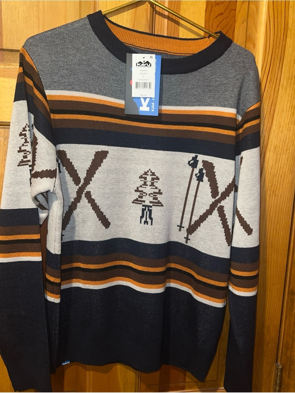 Kavu Men's Crewneck Ski Motif Sweater - Navy, Brown & Gray small MSRP $95